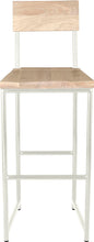 Load image into Gallery viewer, Gloss white metal stool with back with whitewash stain ash wood made in UK - front view round frame

