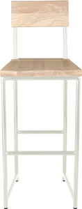 Gloss white metal stool with back with whitewash stain ash wood made in UK - front view round frame