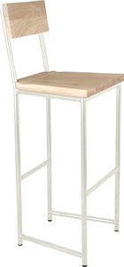 Gloss white metal stool with back with whitewash stain ash wood made in UK - angle view round frame