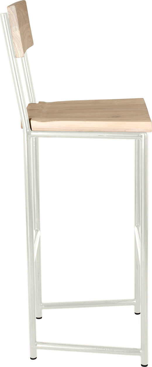 Gloss white metal stool with back with whitewash stain ash wood made in UK - side view round frame