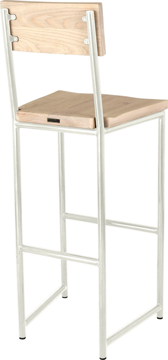 Gloss white metal stool with back with whitewash stain ash wood made in UK - back side view round frame