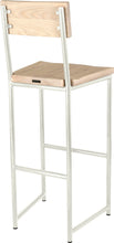 Load image into Gallery viewer, Gloss white metal stool with back with whitewash stain ash wood made in UK - back side view round frame
