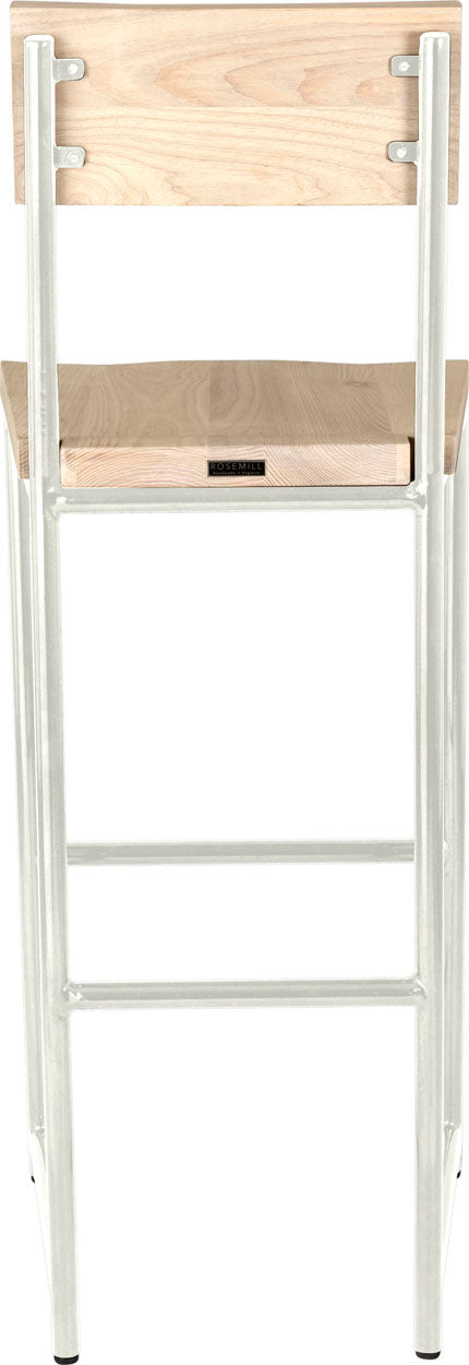 Gloss white metal stool with back with whitewash stain ash wood made in UK - back view round frame