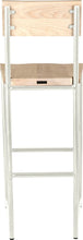 Load image into Gallery viewer, Gloss white metal stool with back with whitewash stain ash wood made in UK - back view round frame
