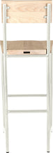 Load image into Gallery viewer, Gloss white metal stool with back with whitewash stain ash wood made in UK - back view round frame
