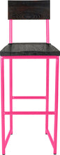 Load image into Gallery viewer, Hot pink metal stool with back with black stain ash wood made in UK - front view round frame
