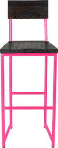 Hot pink metal stool with back with black stain ash wood made in UK - front view round frame