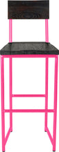 Load image into Gallery viewer, Hot pink metal stool with back with black stain ash wood made in UK - front view round frame
