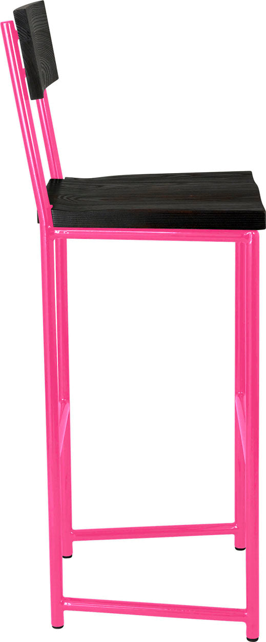 Hot pink metal stool with back with black stain ash wood made in UK - side view round frame