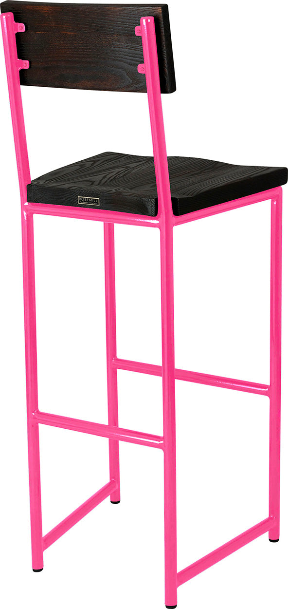 Hot pink metal stool with back with black stain ash wood made in UK - back side view round frame