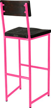 Load image into Gallery viewer, Hot pink metal stool with back with black stain ash wood made in UK - back side view round frame
