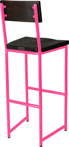 Hot pink metal stool with back with black stain ash wood made in UK - back side view round frame