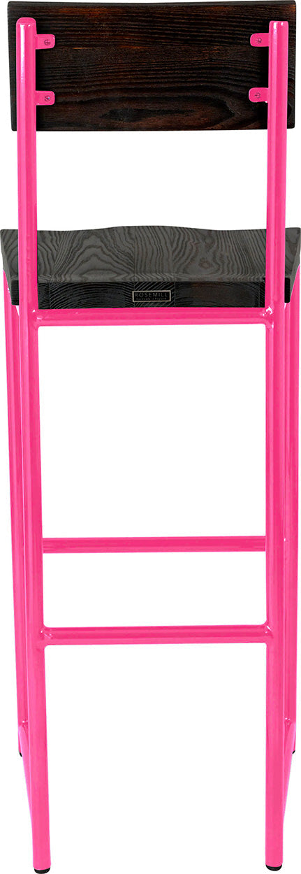 Hot pink metal stool with back with black stain ash wood made in UK - back view round frame