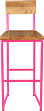Load image into Gallery viewer, Hot pink metal stool with back with natural stain ash wood made in UK - front view round frame

