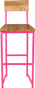 Hot pink metal stool with back with natural stain ash wood made in UK - front view round frame