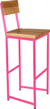 Load image into Gallery viewer, Hot pink metal stool with back with natural stain ash wood made in UK - angle view round frame
