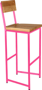 Hot pink metal stool with back with natural stain ash wood made in UK - angle view round frame