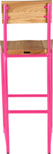 Load image into Gallery viewer, Hot pink metal stool with back with natural stain ash wood made in UK - back view round frame
