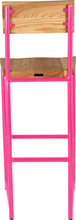 Load image into Gallery viewer, Hot pink metal stool with back with natural stain ash wood made in UK - back view round frame
