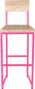 Hot pink metal stool with back with whitewash stain ash wood made in UK - front view round frame