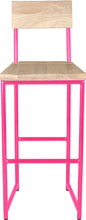 Load image into Gallery viewer, Hot pink metal stool with back with whitewash stain ash wood made in UK - front view round frame
