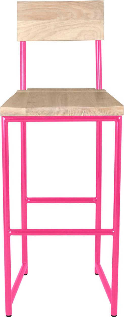 Hot pink metal stool with back with whitewash stain ash wood made in UK - front view round frame