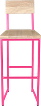 Load image into Gallery viewer, Hot pink metal stool with back with whitewash stain ash wood made in UK - front view round frame
