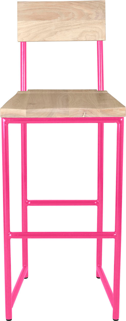 Hot pink metal stool with back with whitewash stain ash wood made in UK - front view round frame