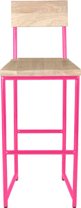 Hot pink metal stool with back with whitewash stain ash wood made in UK - front view round frame