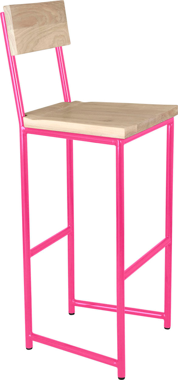 Hot pink metal stool with back with whitewash stain ash wood made in UK - angle view round frame