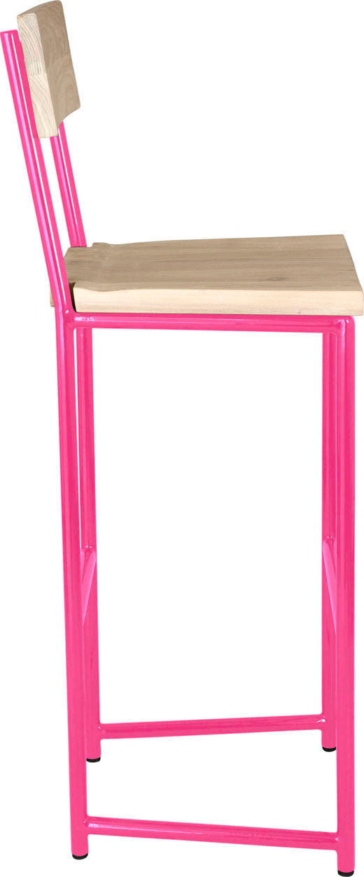 Hot pink metal stool with back with whitewash stain ash wood made in UK - side view round frame