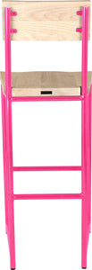Hot pink metal stool with back with whitewash stain ash wood made in UK - back view round frame