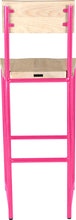 Load image into Gallery viewer, Hot pink metal stool with back with whitewash stain ash wood made in UK - back view round frame
