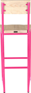 Hot pink metal stool with back with whitewash stain ash wood made in UK - back view round frame