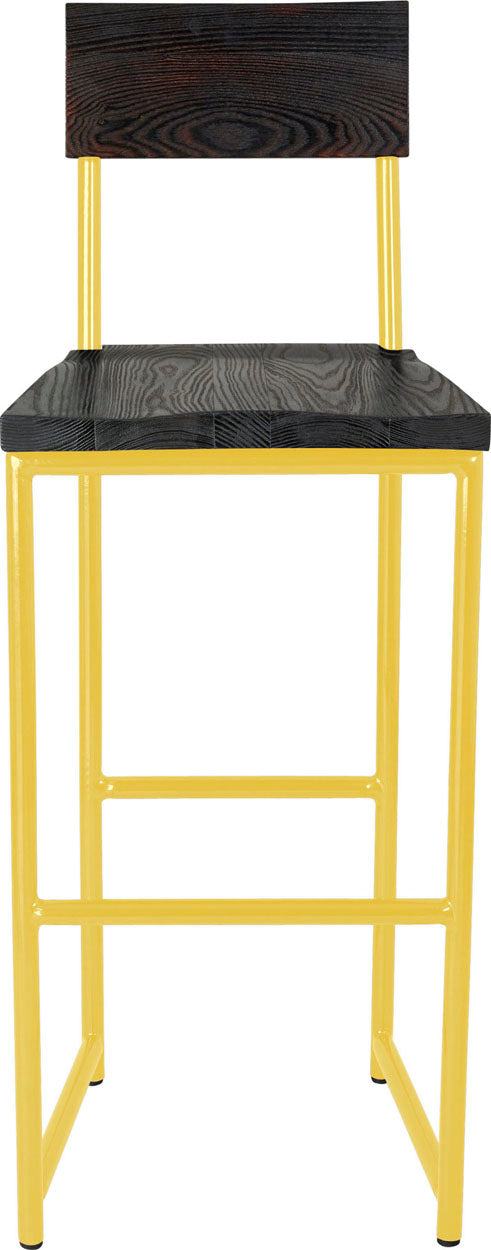 Yellow metal stool with back with black stain ash wood made in UK - front view round frame