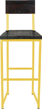 Load image into Gallery viewer, Yellow metal stool with back with black stain ash wood made in UK - front view round frame
