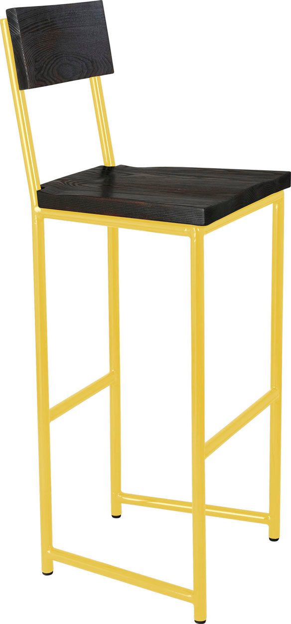 Yellow metal stool with back with black stain ash wood made in UK - angle view round frame