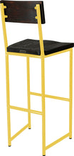 Load image into Gallery viewer, Yellow metal stool with back with black stain ash wood made in UK - back side view round frame
