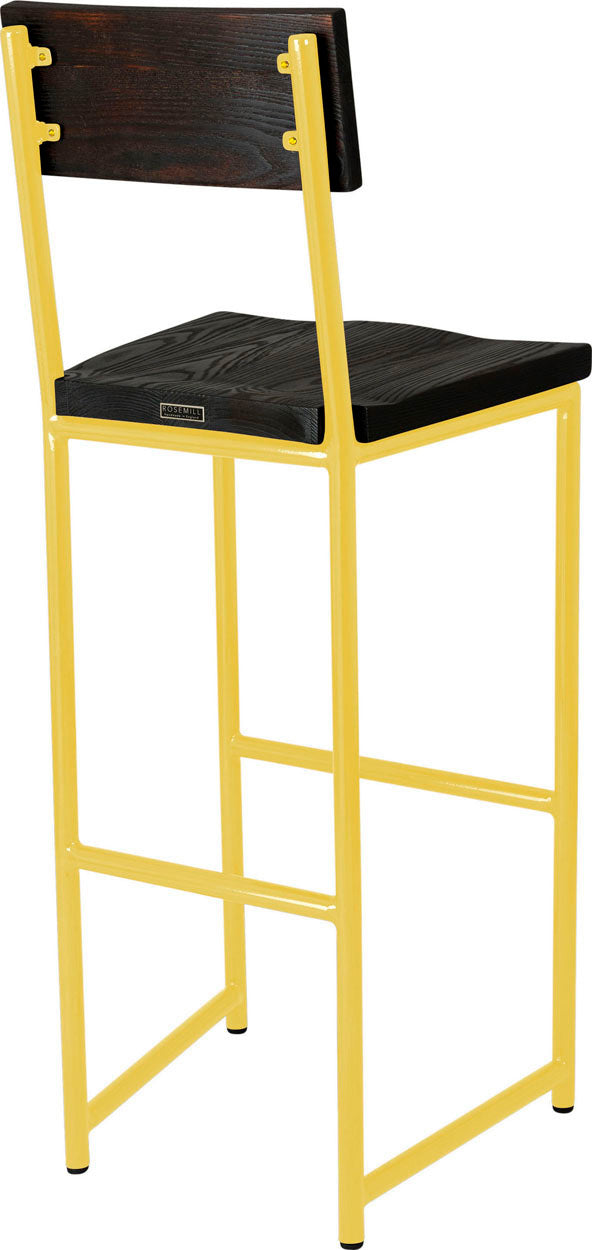 Yellow metal stool with back with black stain ash wood made in UK - back side view round frame