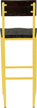 Load image into Gallery viewer, Yellow metal stool with back with black stain ash wood made in UK - back view round frame

