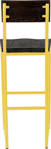 Yellow metal stool with back with black stain ash wood made in UK - back view round frame