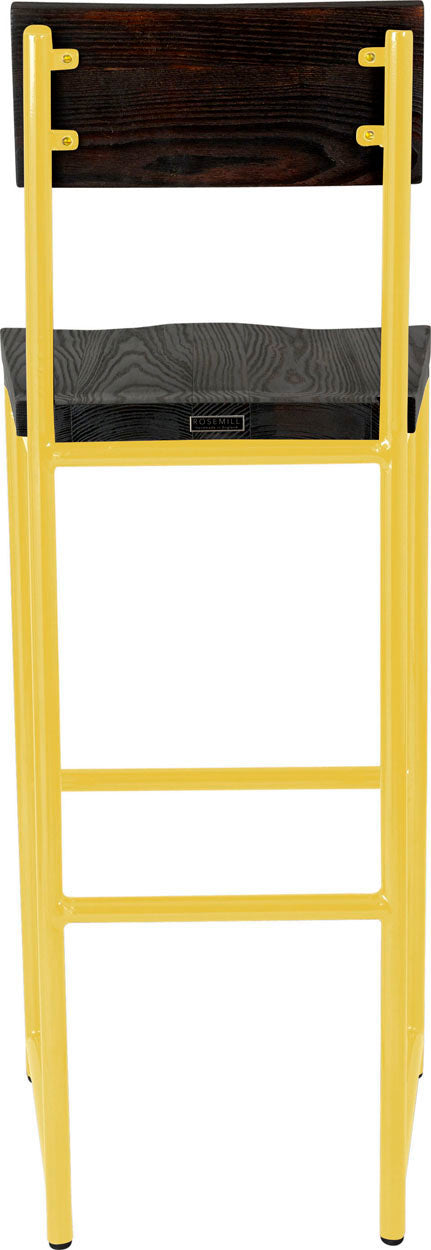 Yellow metal stool with back with black stain ash wood made in UK - back view round frame