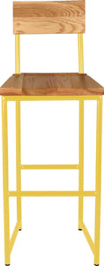 Yellow metal stool with back with natural stain ash wood made in UK - front view round frame