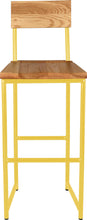Load image into Gallery viewer, Yellow metal stool with back with natural stain ash wood made in UK - front view round frame
