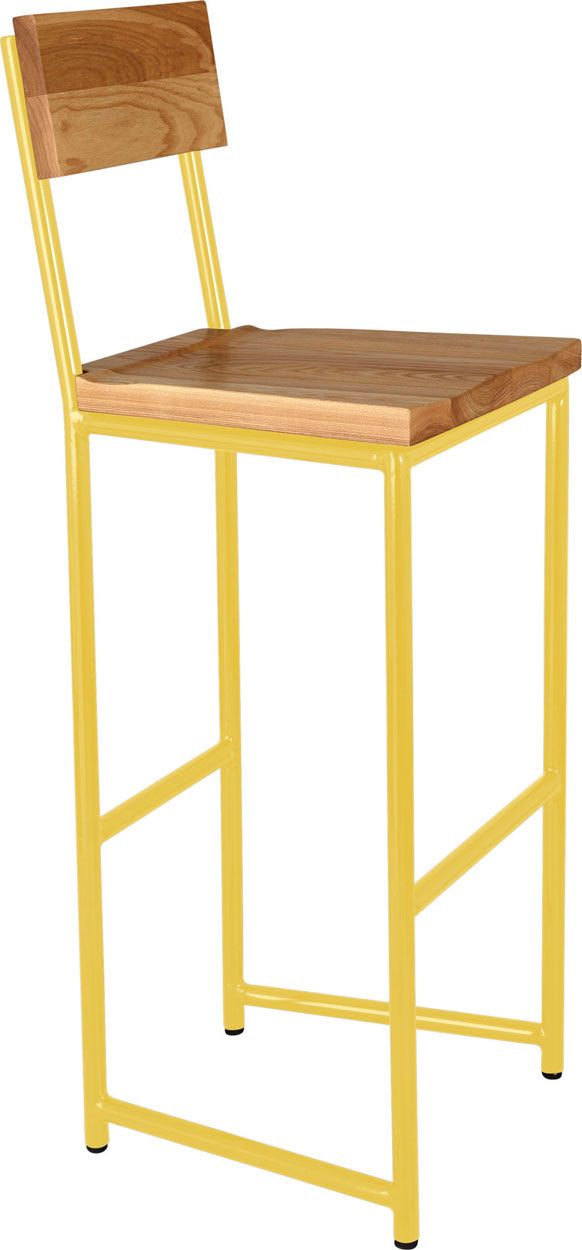 Yellow metal stool with back with natural stain ash wood made in UK - angle view round frame