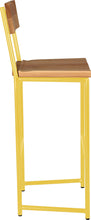 Load image into Gallery viewer, Yellow metal stool with back with natural stain ash wood made in UK - side view round frame
