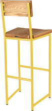 Load image into Gallery viewer, Yellow metal stool with back with natural stain ash wood made in UK - back side view round frame
