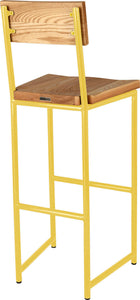 Yellow metal stool with back with natural stain ash wood made in UK - back side view round frame