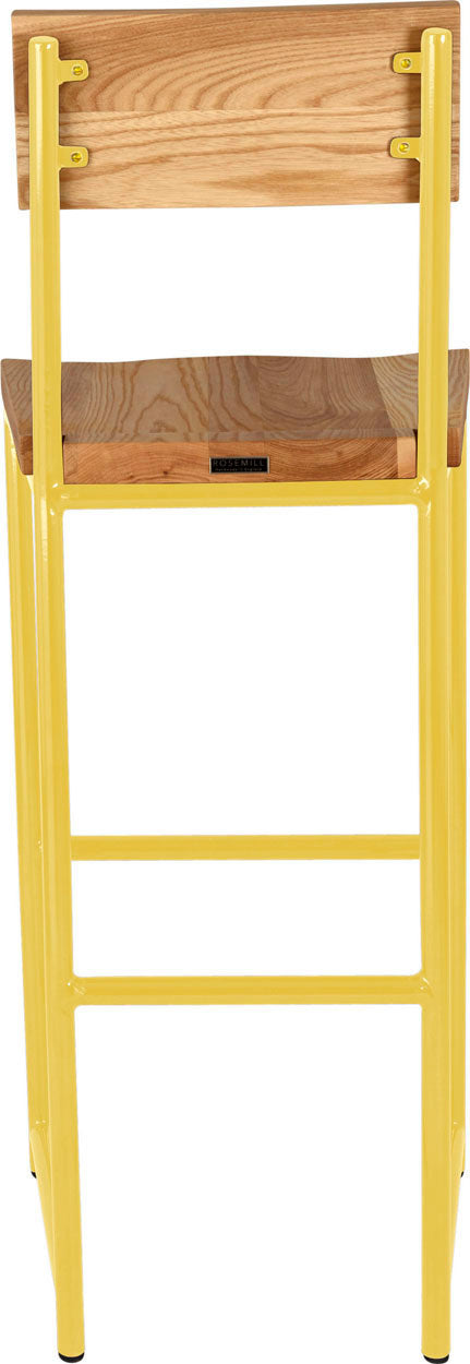 Yellow metal stool with back with natural stain ash wood made in UK - back view round frame