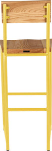 Yellow metal stool with back with natural stain ash wood made in UK - back view round frame